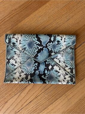 Rebecca Minkoff Snake-Print Envelope Clutch in Teal and Black